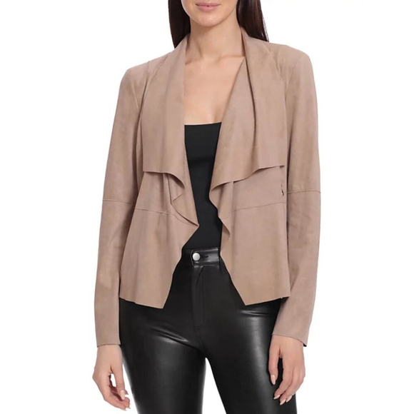 BAGATELLE Drape Front Faux Suede Leather Tan Beige Soft Zip Pocket Light Jacket - Picture 1 of 9